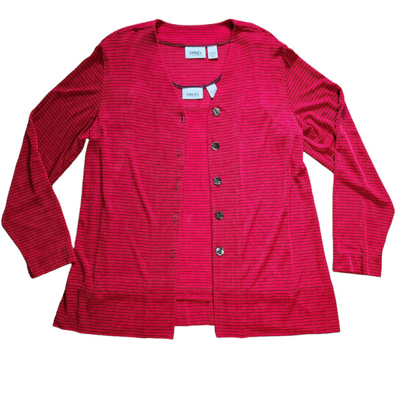 Chico's Travelers knit jacket and shell set red black pinstripe size L 12 - Picture 1 of 12